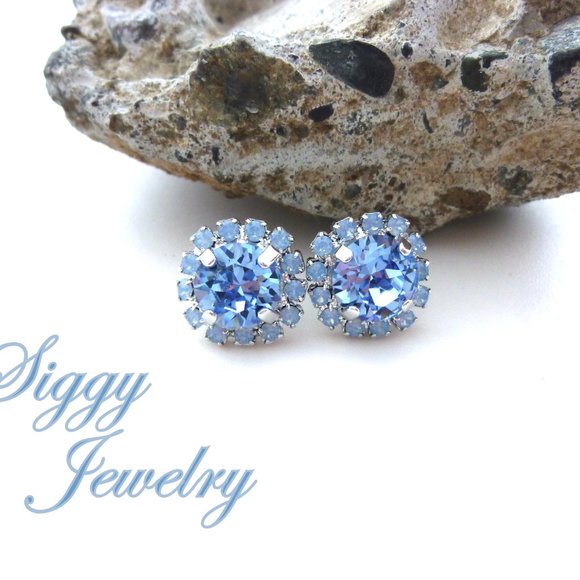 Swarovski Crystal Light Sapphire and Air Blue Opal Halo Studs Post Earrings - Picture 5 of 7